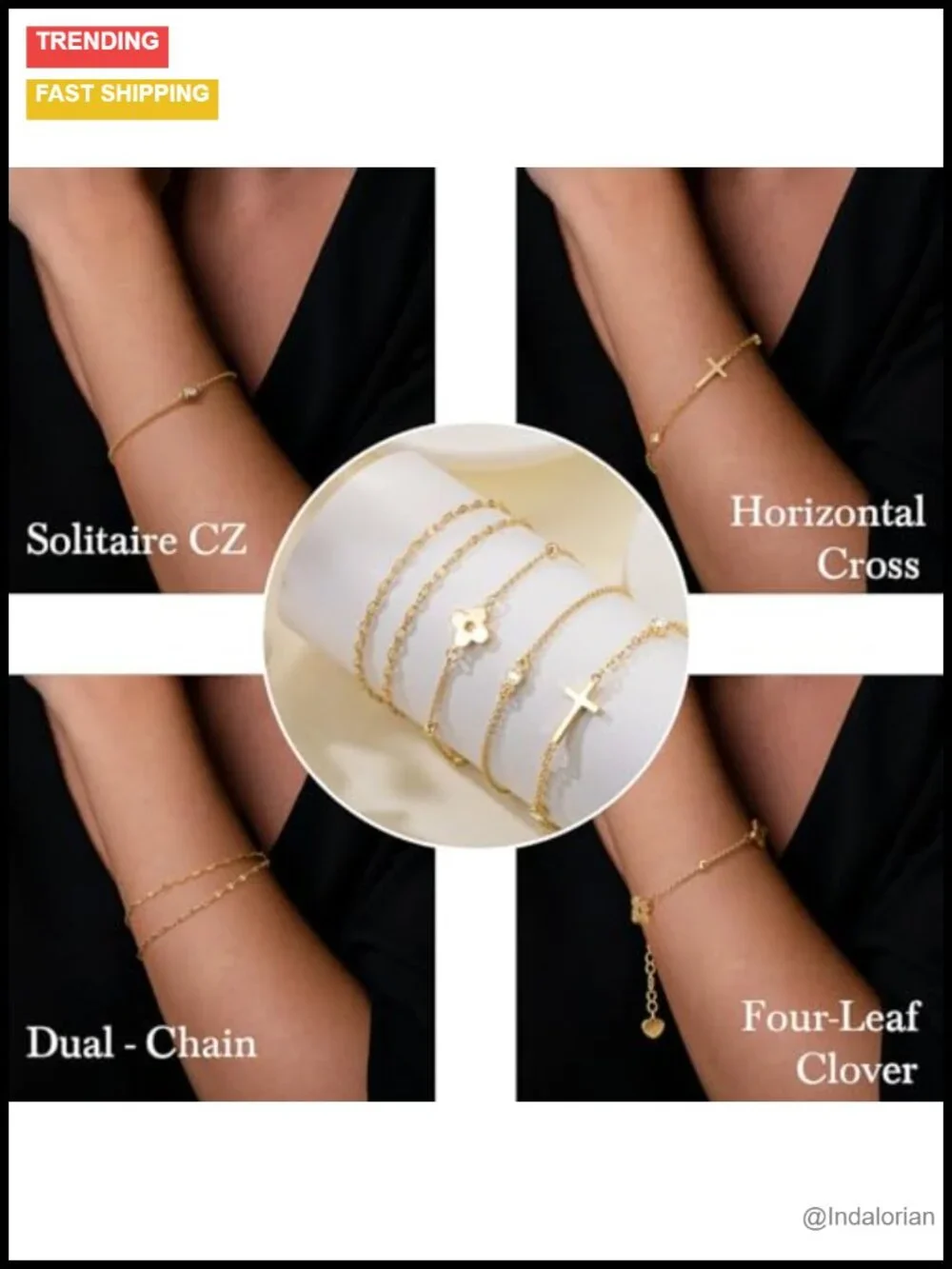 14K Gold Plated Sideways Cross Bracelet Layered Double Chain Adjustable